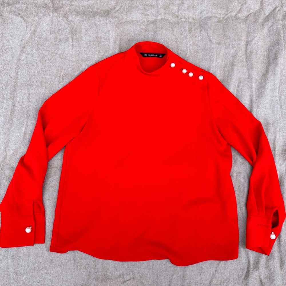 Zara Basic Blouse Womens Small Red Excellent Pearl Button High Neck Long Sleeve
